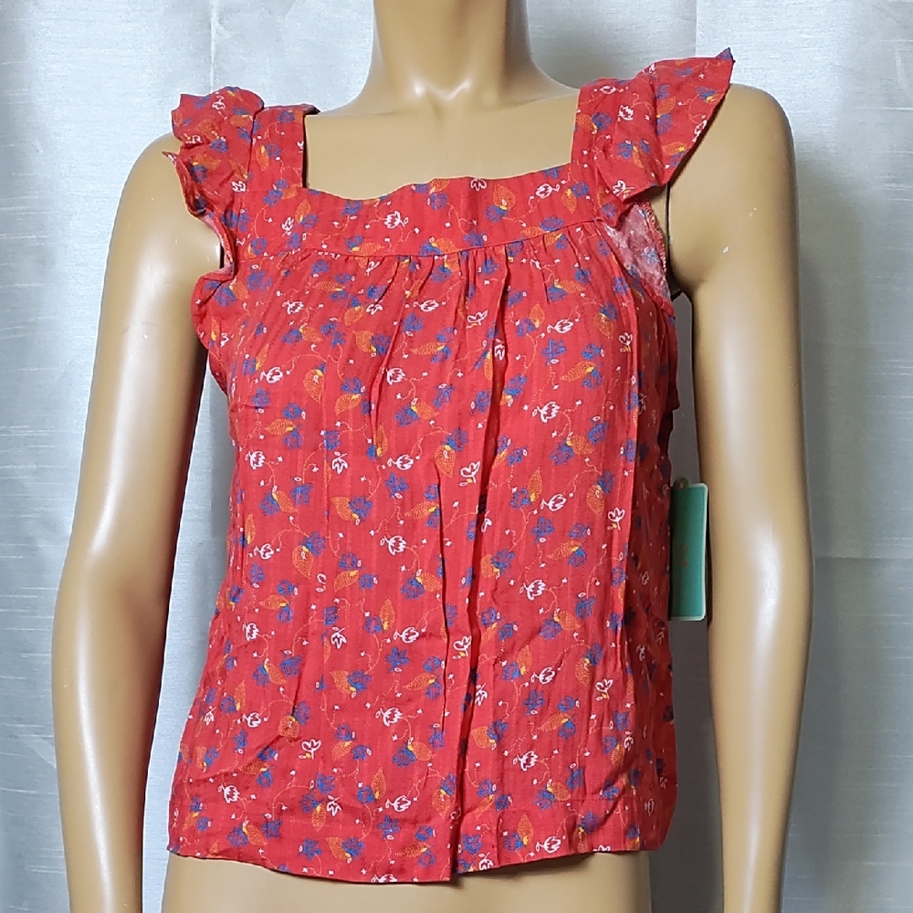 Copper Key Red and Blue Ruffled Sleeveless‎ Blouse